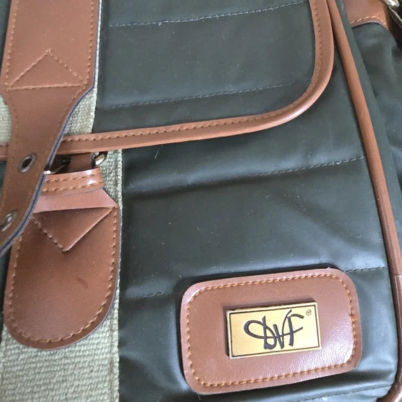 VTG Diane Von Furstenberg Green Tan Military Field Messenger Bag - Picture 7 of 12